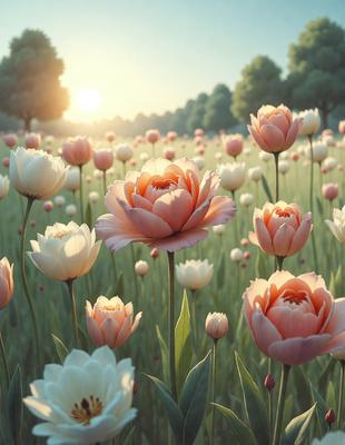 The primary subject of the image is a field of flowers, predominantly pink and white, with some orange flowers mixed in. The setting is a grassy field, and the visual style appears to be a digital art or illustration. The colors and mood of the image are warm and inviting, with the vibrant colors of the flowers creating a lively and cheerful atmosphere.